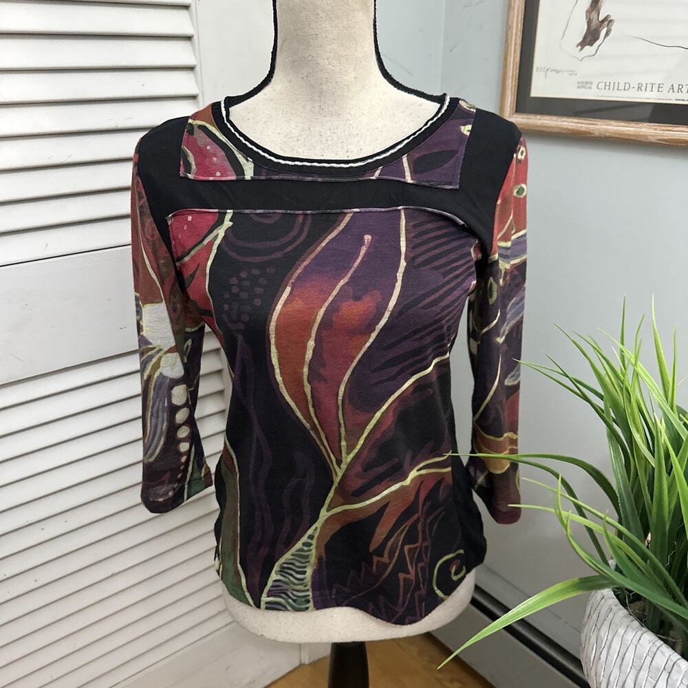 Cap Juluca Aldomartins Top Womens 8 Black 3/4 Sleeve Abstract Art to Wear Boho